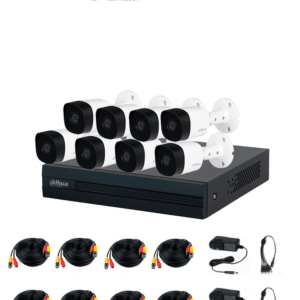 DAHUA KITXVR1B08- I+8-B2A21- Kit de 8 Canales, DVR Cooper-I WizSense con IA y H.265+, 8 cámaras B2A21 de 1080p metálicas, soporte para hasta 10 canales IP, 4 canales con SMD Plus para detección de humanos y vehículos, y accesorios incluidos.