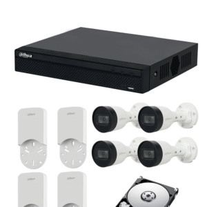 DAHUA KITNVR1104HS-P+4C+4S 1TB- Kit IP de 4 canales con NVR con 4 puertos PoE, 1TB de almacenamiento, y 4 cámaras bullet de 2MP con clasificación IP67. Incluye caja de conexiones PFA12A de policarbonato resistente, ideal para exteriores. #KitDahua
