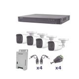 KIT TurboHD 1080p / DVR 4 Canales / 4 Cámaras Bala Policarbonato con Audio Integrado (exterior 2.8 mm) / Transceptores / Conectores / Fuente de Poder Profesional