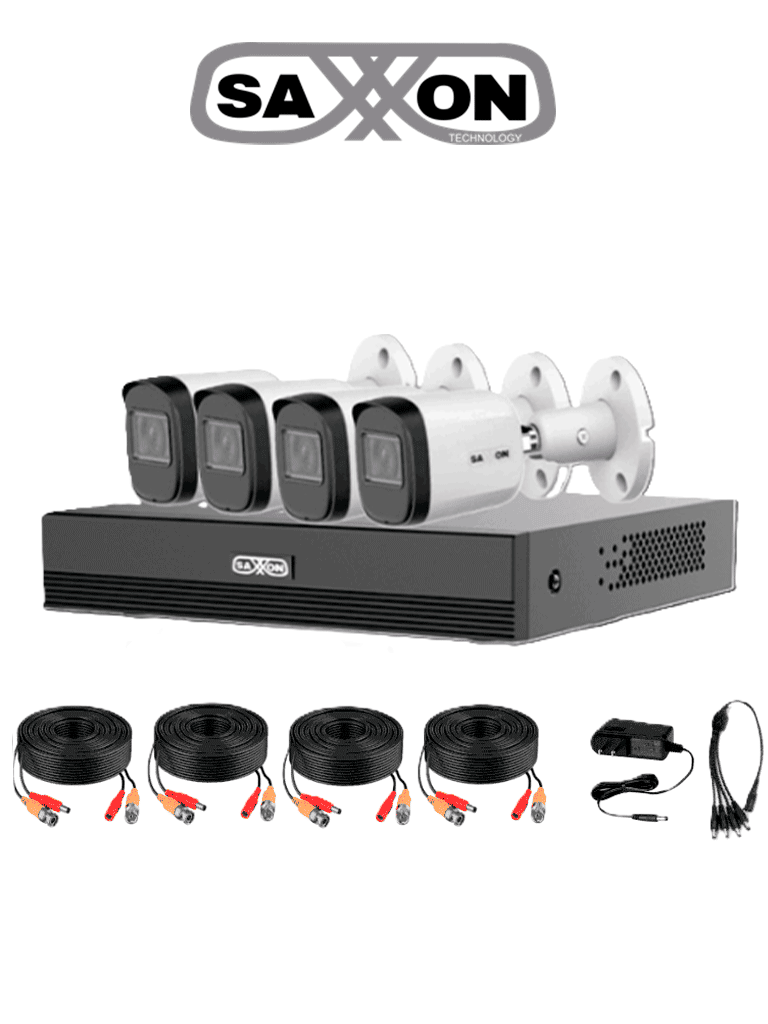 SAXXON SUA-KIT/XVR1E04-I/4-B20M-0280B-Kit de 4Canales HDCVI 1080P/4 Cámaras B20M de 2.8mm con Campo de Visión de Hasta 100°/Grabador Soporta Hasta 5 Canales IP yDetección de Movimiento Inteligente/Cámaras Fabricadas en Metal deAlta Duración#GSA #GSS