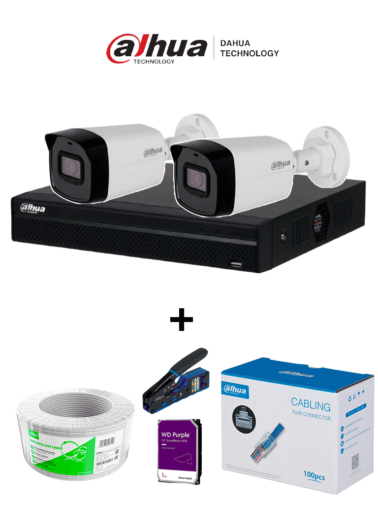 Bundle NVR+2BulletIP -Compra 1 NVR NVR1104HS-P-S3 de 4 Canales y llévate mas 2 cámaras IPC-B1E20 / Bobina de 100 metros/ Caja con 100 Plugs/ Pinza de corte de Plugs/ Disco duro de 1TB/ #MiPrimerIP